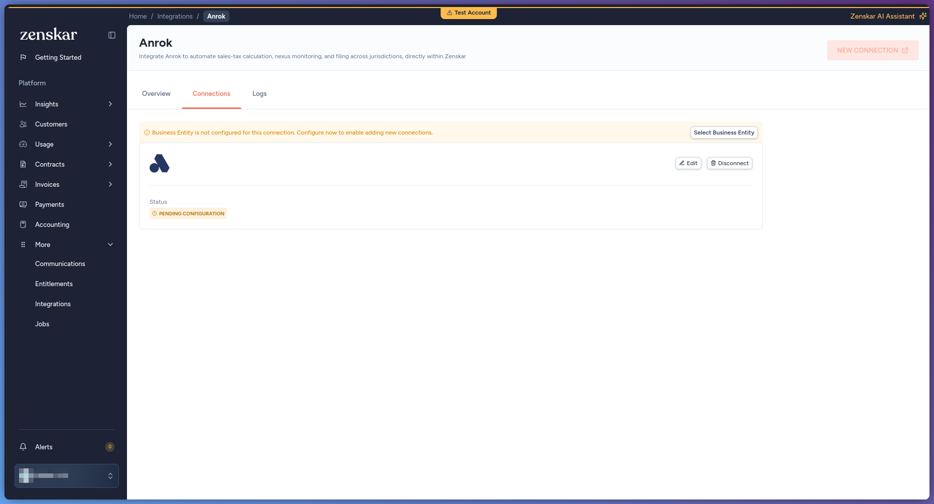 A connection pending configuration on the Connections tab